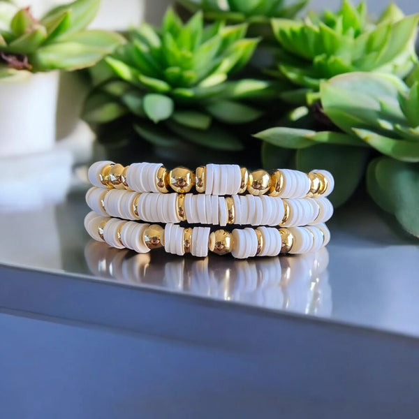 UnCage 3 Piece Set White Beaded Bracelets, with 14K Gold Plated Beads