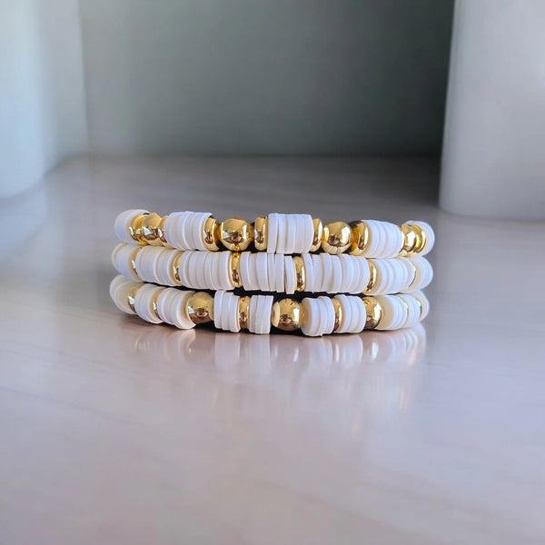 UnCage 3 Piece Set White Beaded Bracelets, with 14K Gold Plated Beads