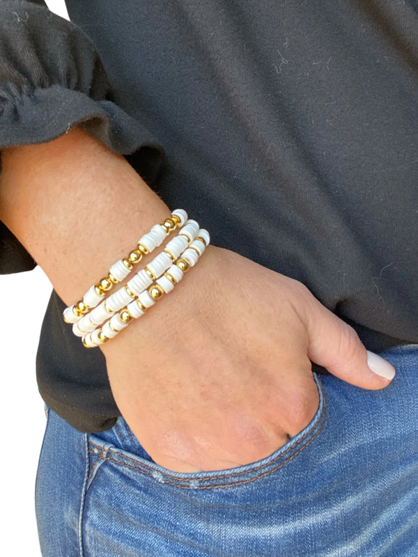 UnCage 3 Piece Set White Beaded Bracelets, with 14K Gold Plated Beads