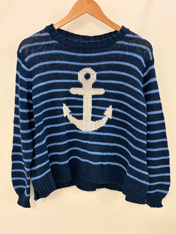 Wooden Ships Anchor Striped Crew Cotton Sweater